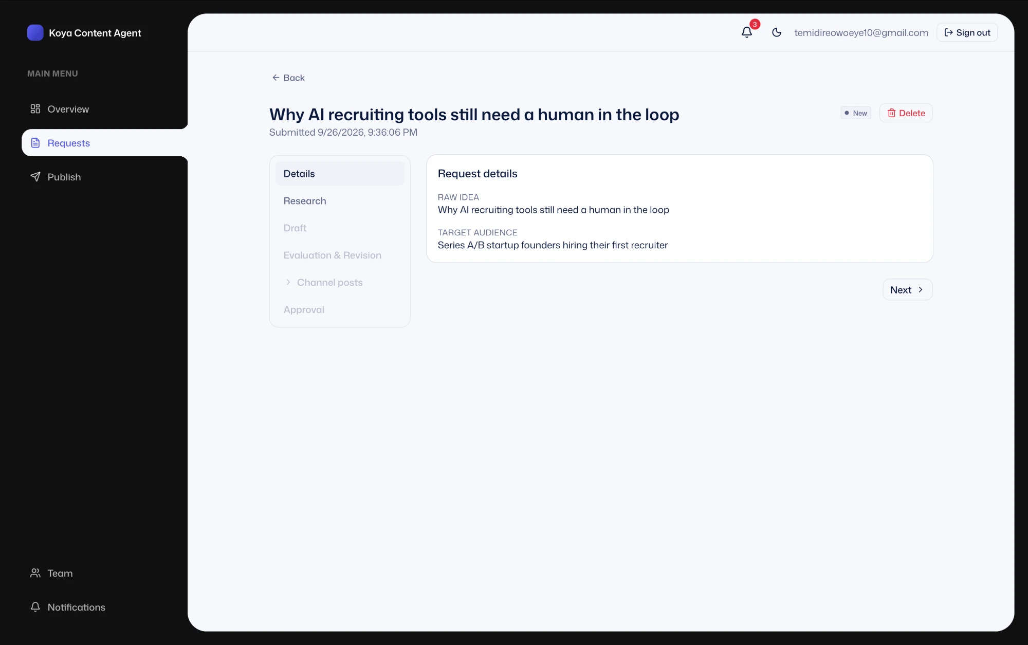 A new content request with its idea and target audience