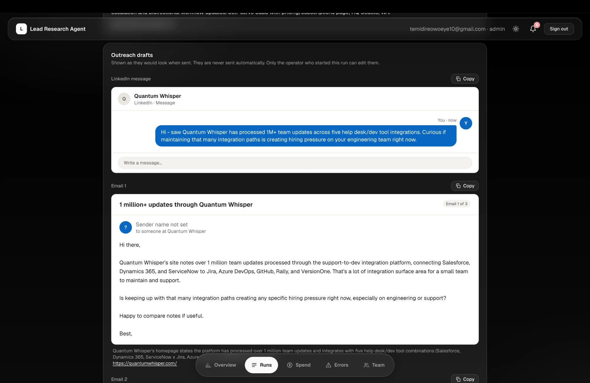 Outreach drafts for one lead: a LinkedIn message and the first of three emails, with the source page